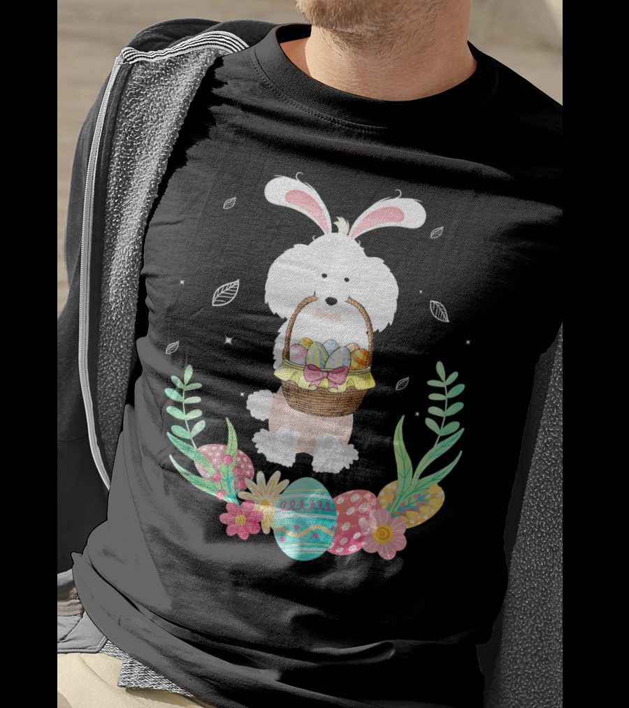 Poodle Bunny Ears Easter Egg Basket Spring Leaves T-Shirt