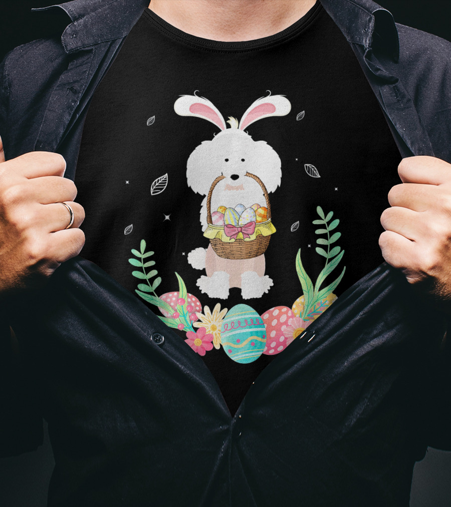 Poodle Bunny Ears Easter Egg Basket Spring Leaves T-Shirt