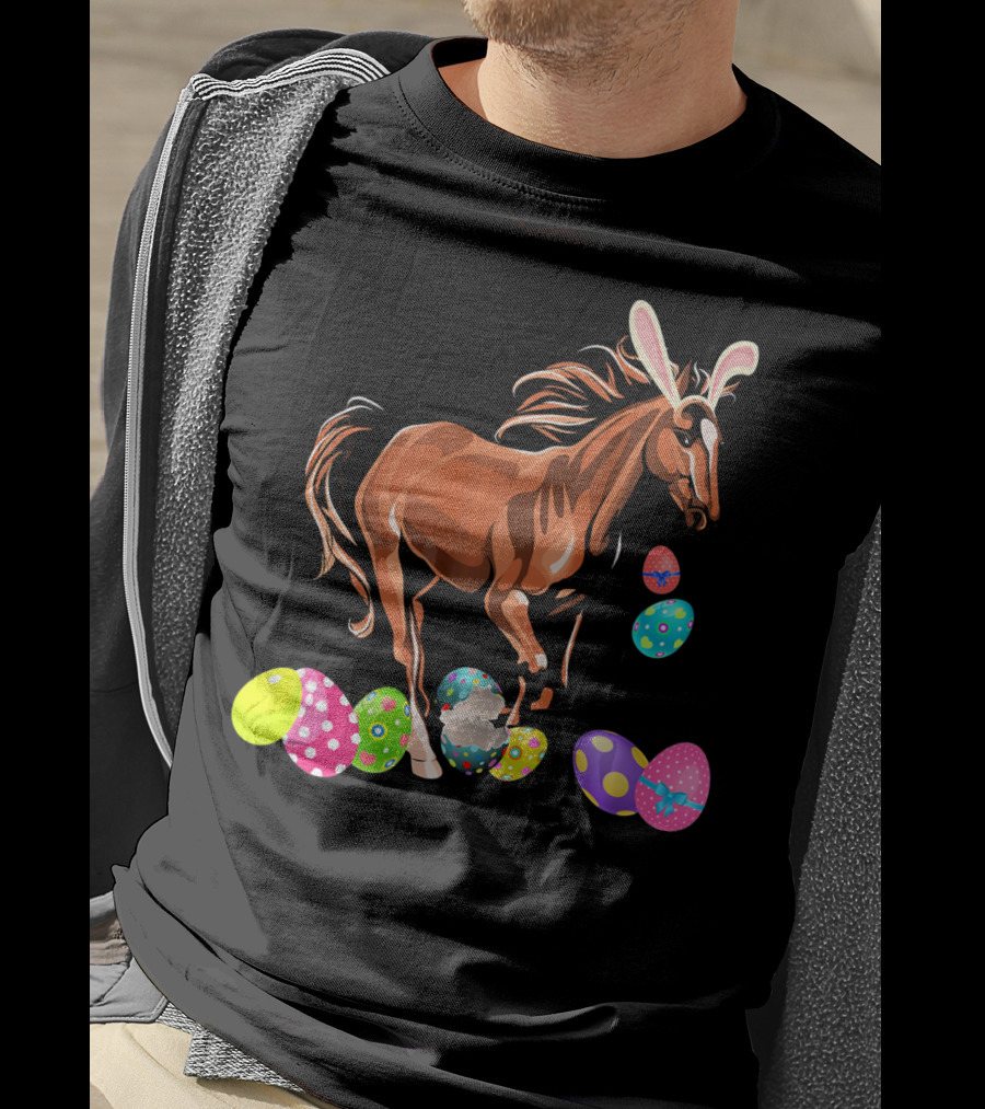 Horse With Bunny Ears Among Colorful Easter Eggs T-Shirt