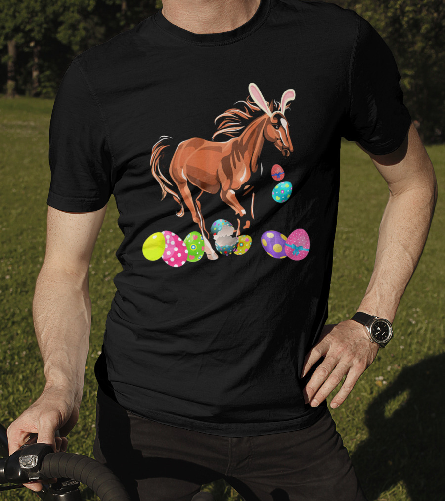 Horse With Bunny Ears Among Colorful Easter Eggs T-Shirt