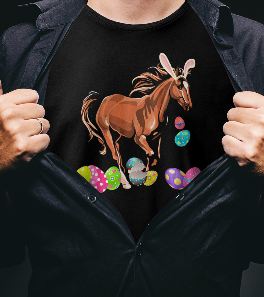 Horse With Bunny Ears Among Colorful Easter Eggs T-Shirt