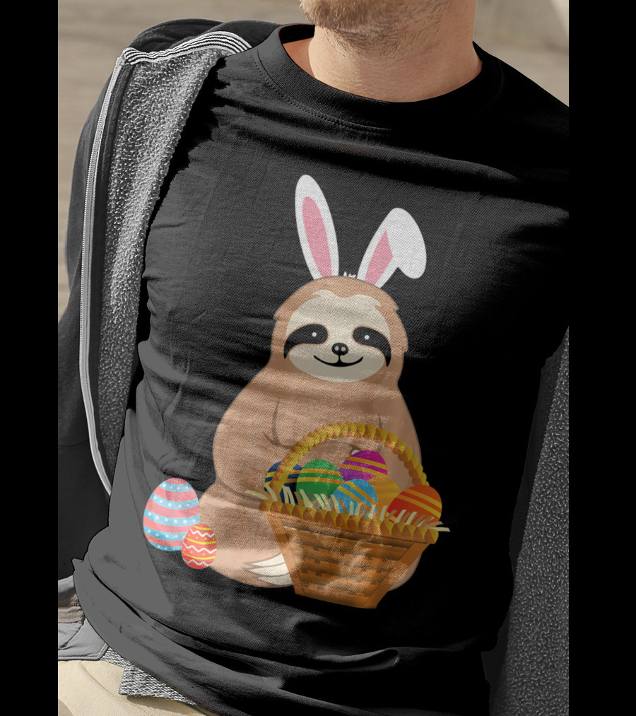 Easter Sloth Bunny With Colorful Eggs Basket T-Shirt