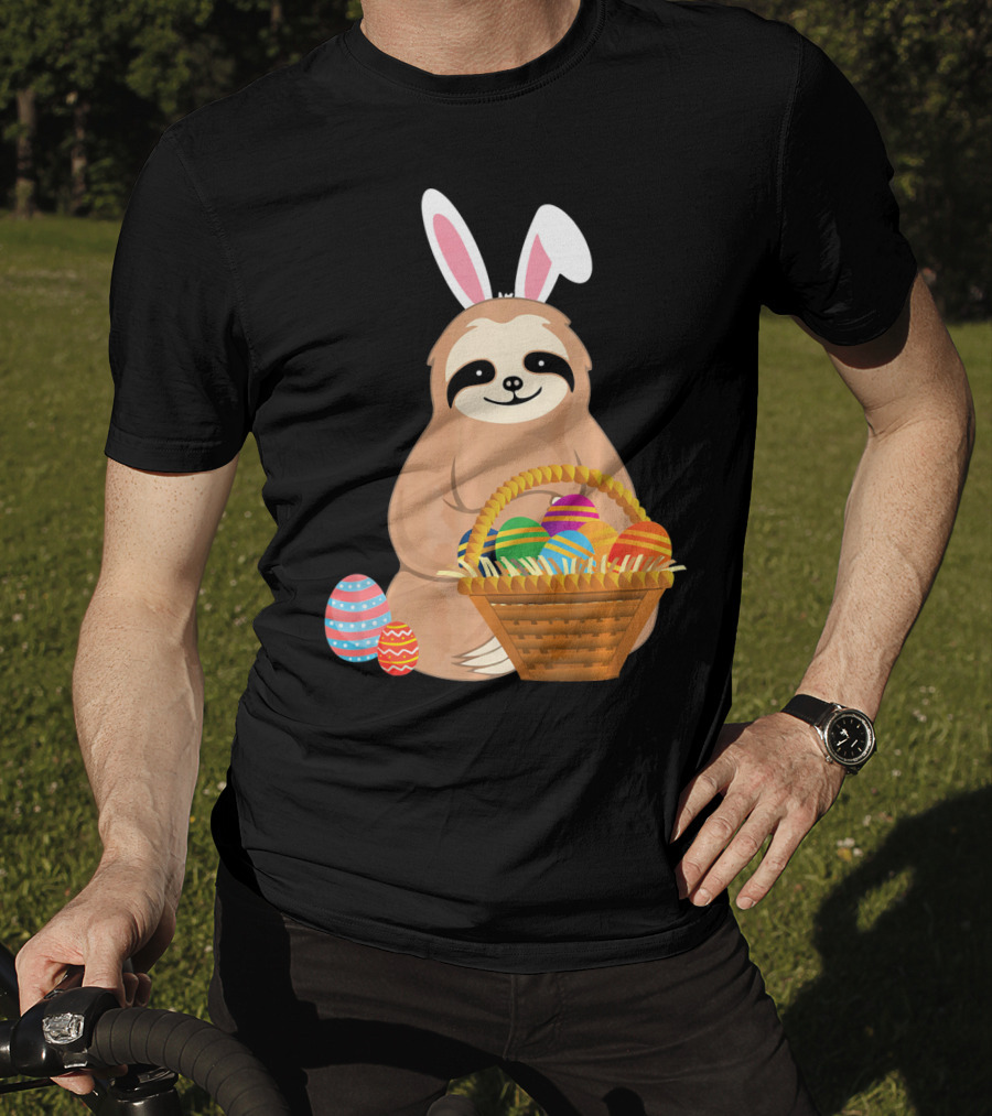 Easter Sloth Bunny With Colorful Eggs Basket T-Shirt