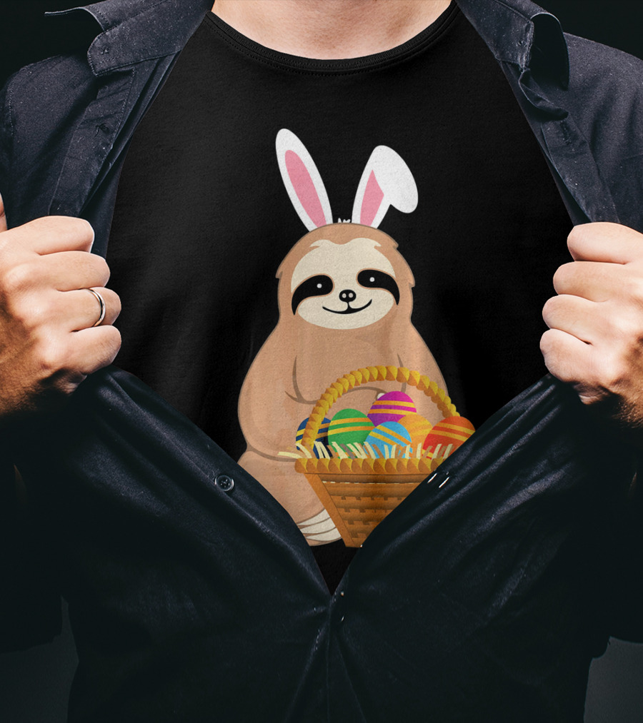 Easter Sloth Bunny With Colorful Eggs Basket T-Shirt