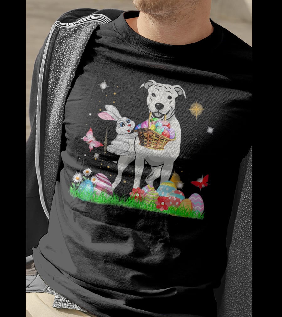 Easter Day Dogo Argentino With Bunny Basket Of Eggs And Butterflies T-Shirt