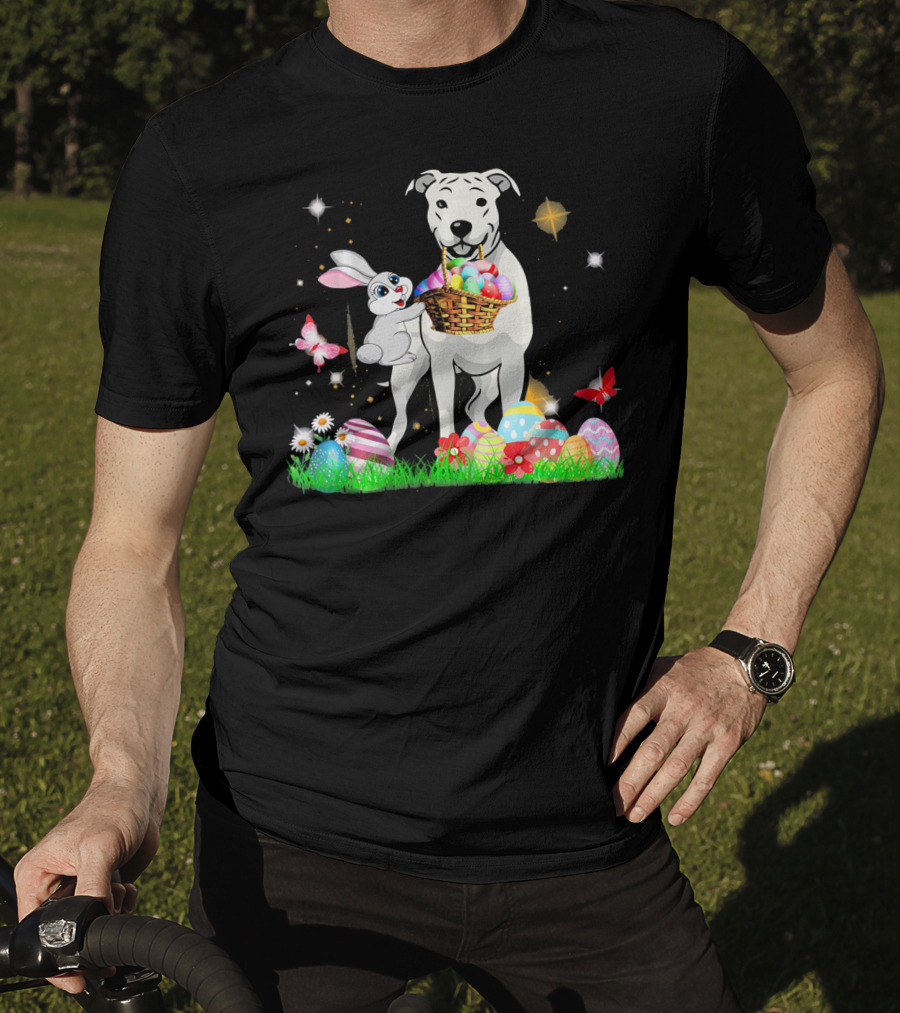 Easter Day Dogo Argentino With Bunny Basket Of Eggs And Butterflies T-Shirt