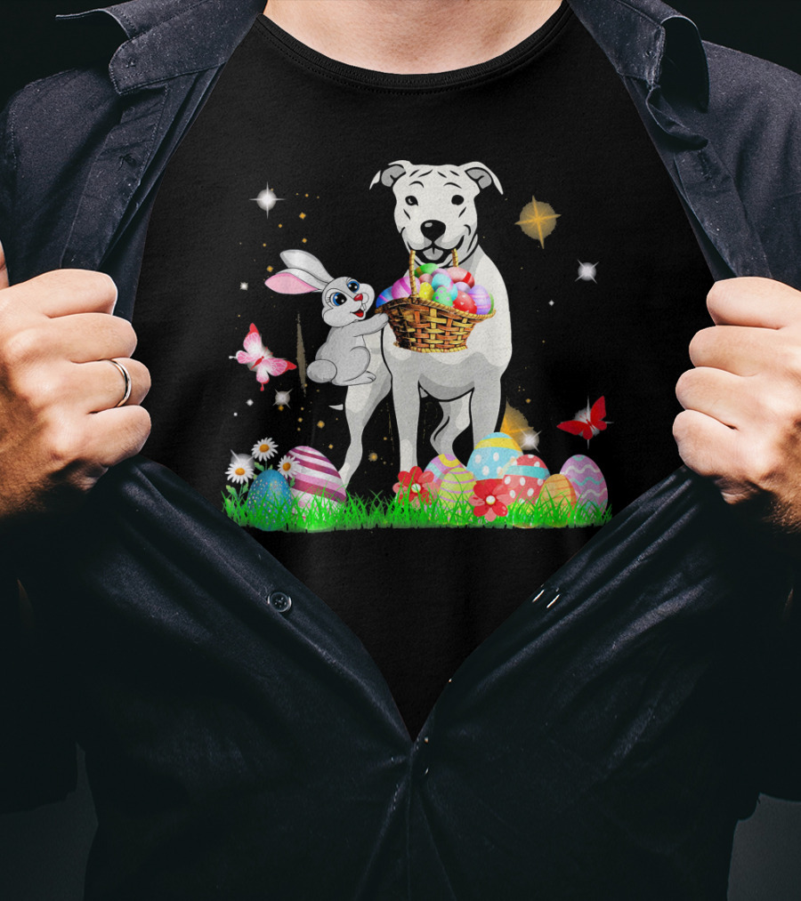 Easter Day Dogo Argentino With Bunny Basket Of Eggs And Butterflies T-Shirt