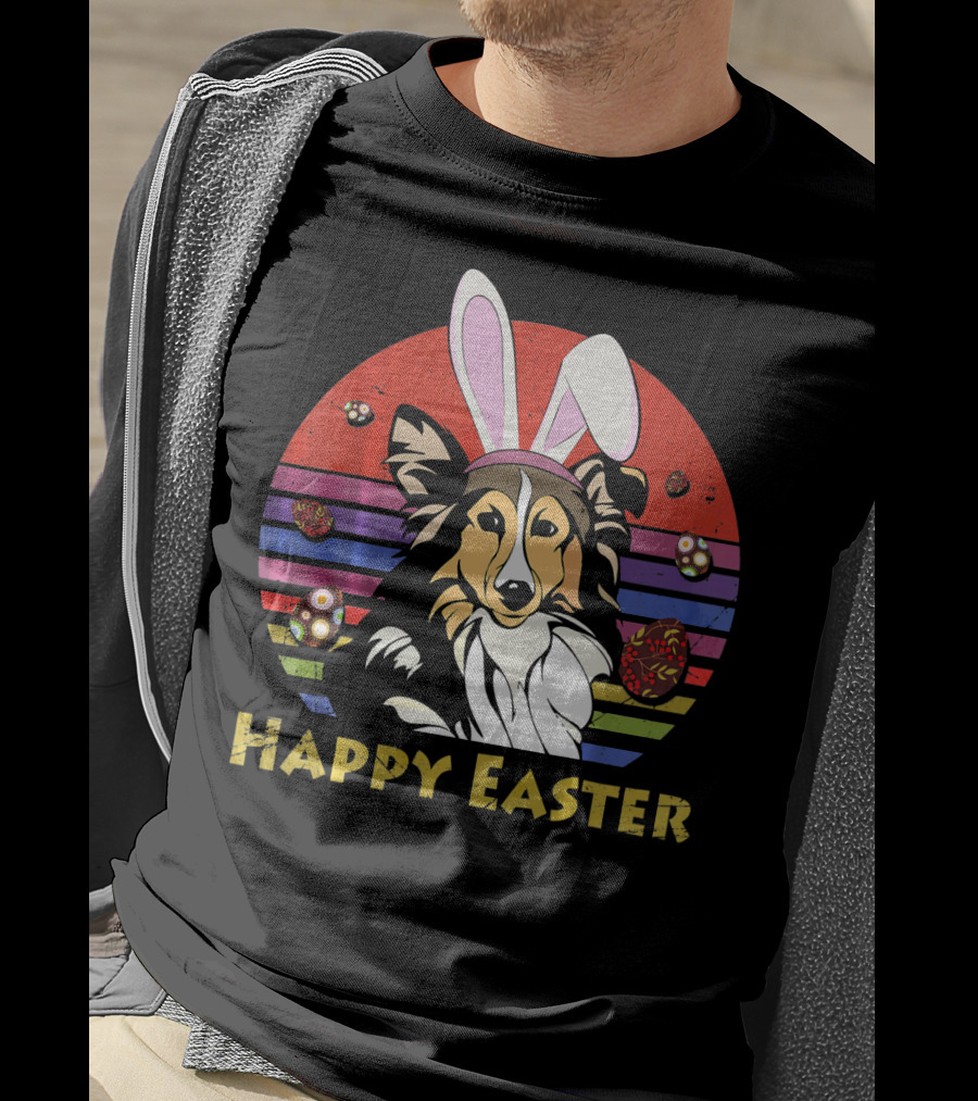 Happy Easter Shetland Sheepdog With Bunny Headband And Colorful Eggs T-Shirt