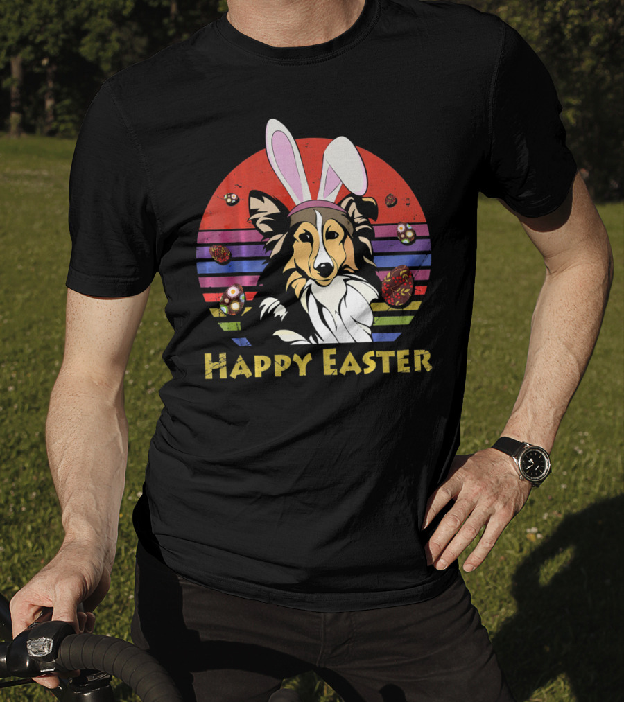Happy Easter Shetland Sheepdog With Bunny Headband And Colorful Eggs T-Shirt