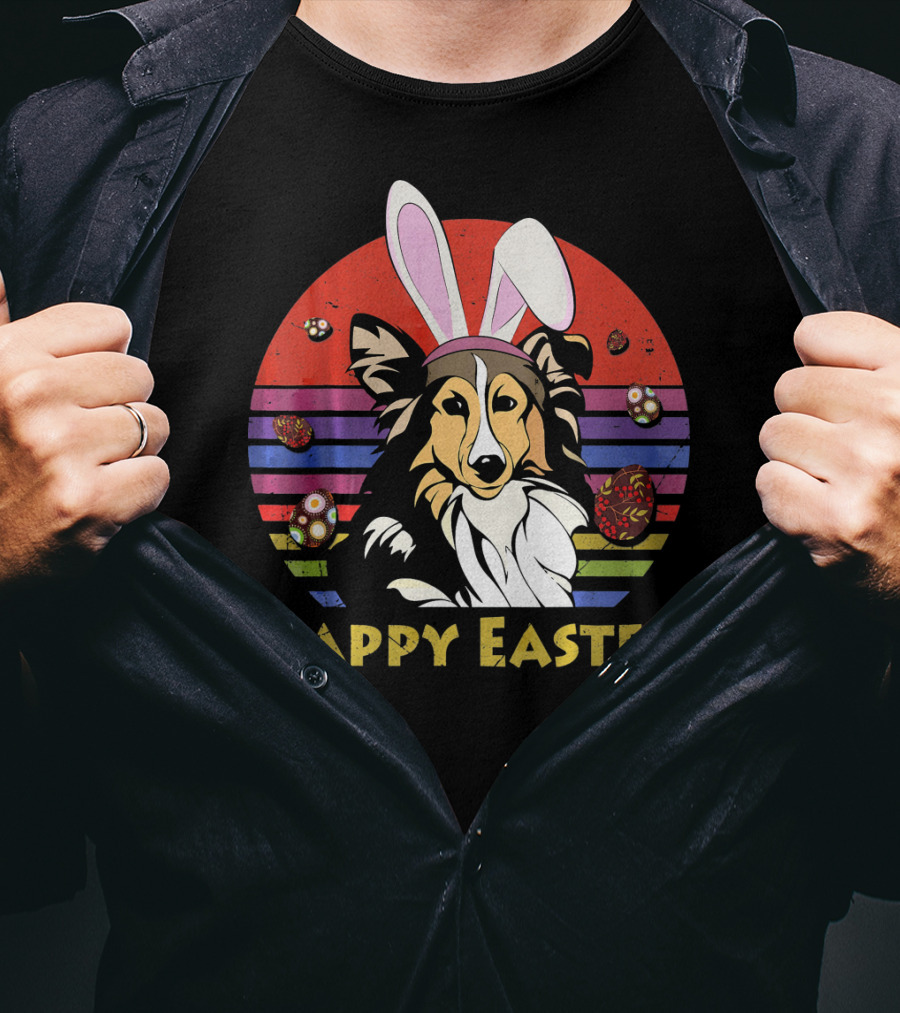 Happy Easter Shetland Sheepdog With Bunny Headband And Colorful Eggs T-Shirt
