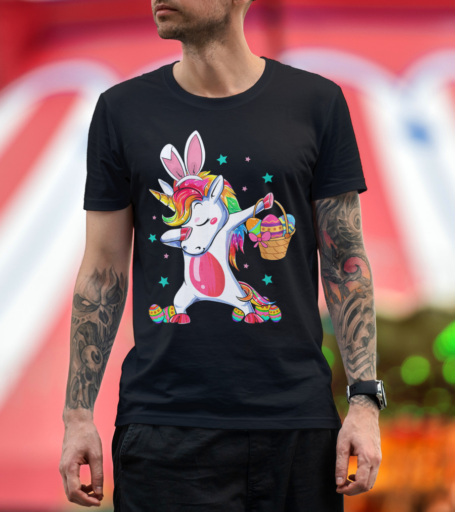 Dabbing Bunny Unicorn with Easter Basket and Eggs Funny Easter Day T-Shirt