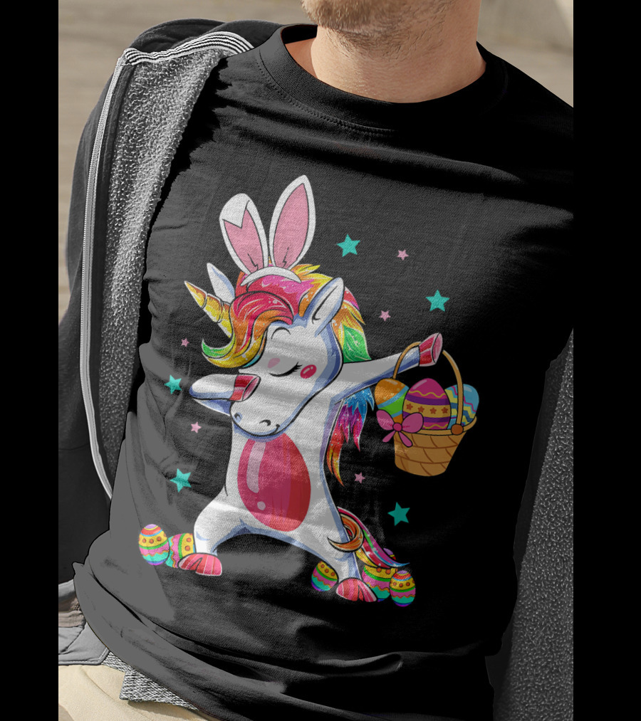 Dabbing Bunny Unicorn With Easter Basket And Eggs Funny Easter Day T-Shirt