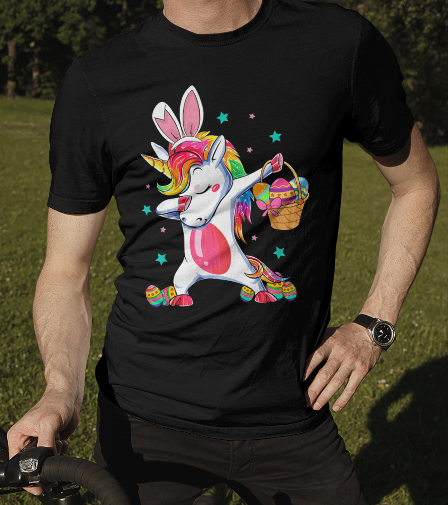 Dabbing Bunny Unicorn With Easter Basket And Eggs Funny Easter Day T-Shirt