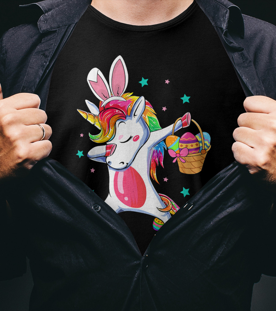 Dabbing Bunny Unicorn With Easter Basket And Eggs Funny Easter Day T-Shirt