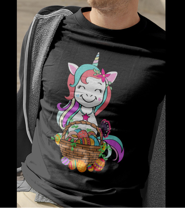 Unicorn Easter Basket With Colorful Eggs And Butterfly T-Shirt