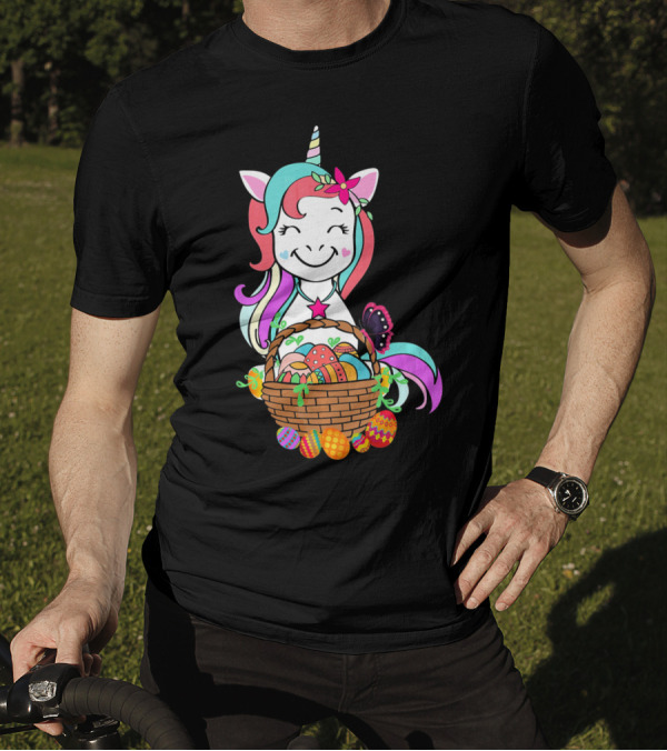 Unicorn Easter Basket With Colorful Eggs And Butterfly T-Shirt