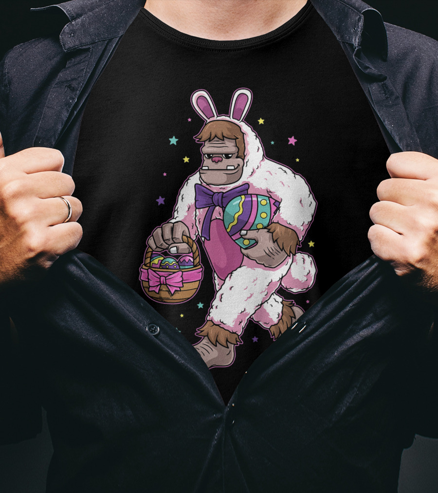Kids Easter Bunny Bigfoot Sasquatch Basket Eggs Stars T-Shirt