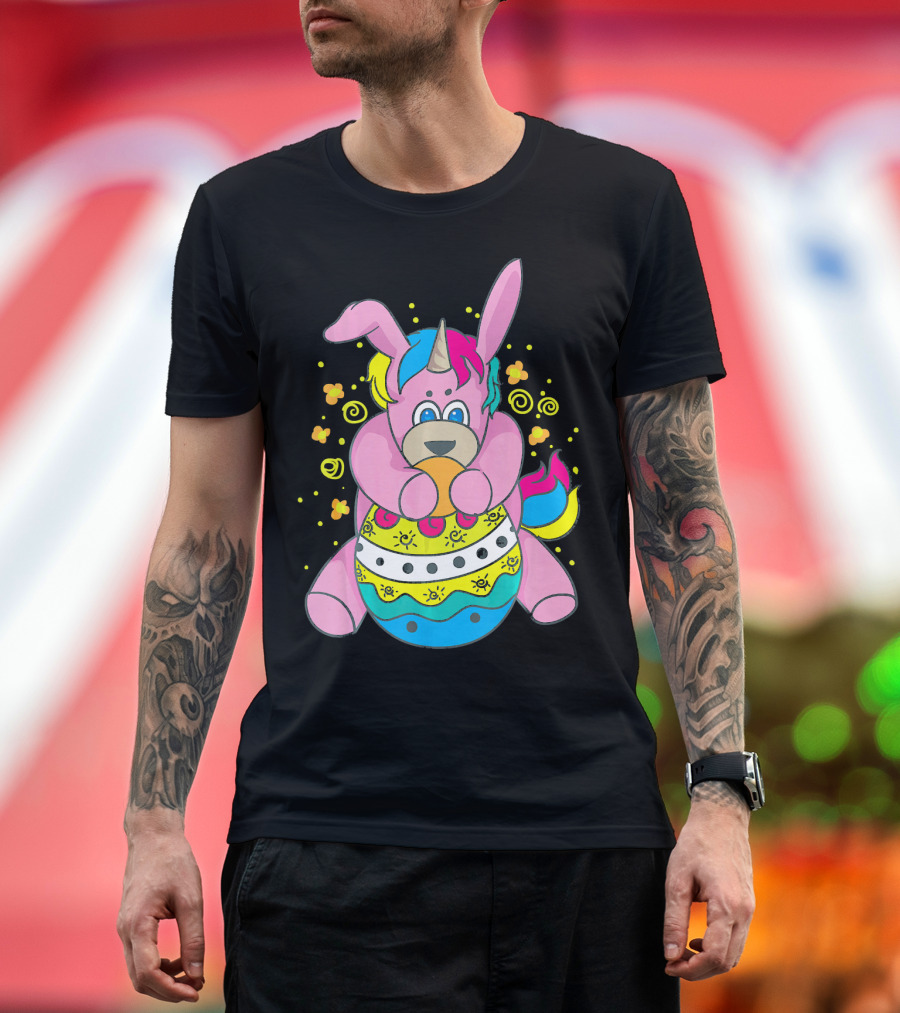 Bunny Unicorn Holding Easter Egg Surrounded by Flowers and Swirls T-Shirt