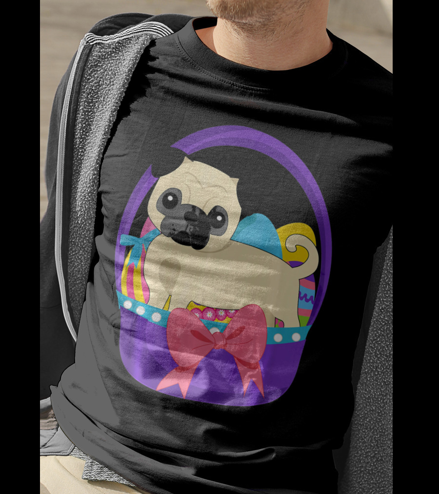 Easter Pug Dog In Colorful Basket With Eggs And Bow T-Shirt