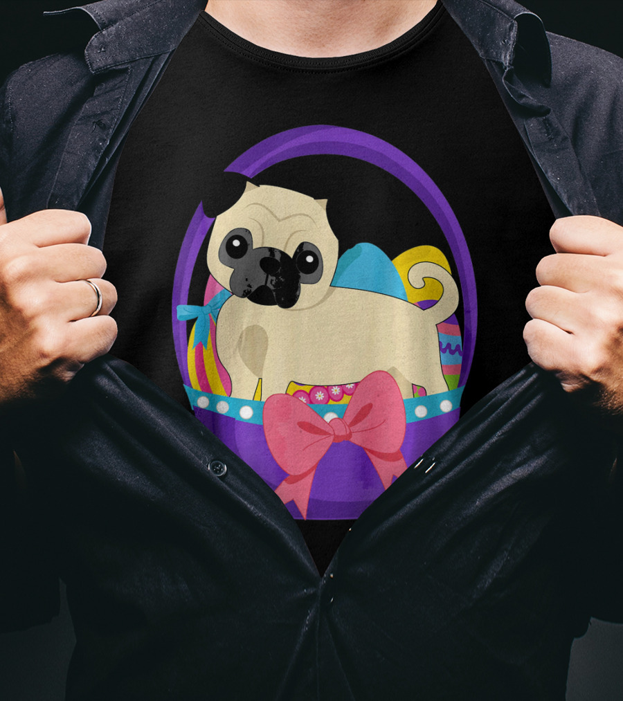 Easter Pug Dog In Colorful Basket With Eggs And Bow T-Shirt