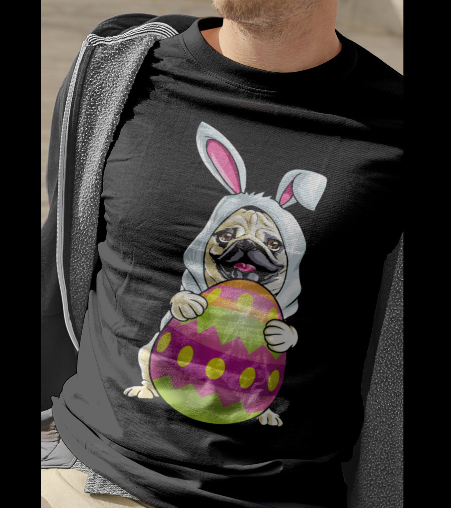 Pug Dressed As Easter Bunny Holding Colorful Easter Egg T-Shirt
