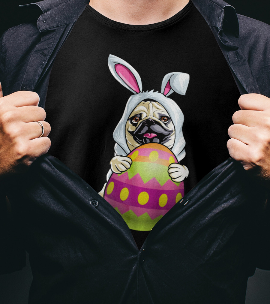 Pug Dressed As Easter Bunny Holding Colorful Easter Egg T-Shirt