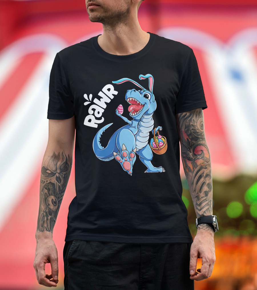 Rawr Easter Bunny Dinosaur Rex with Basket and Eggs T-Shirt