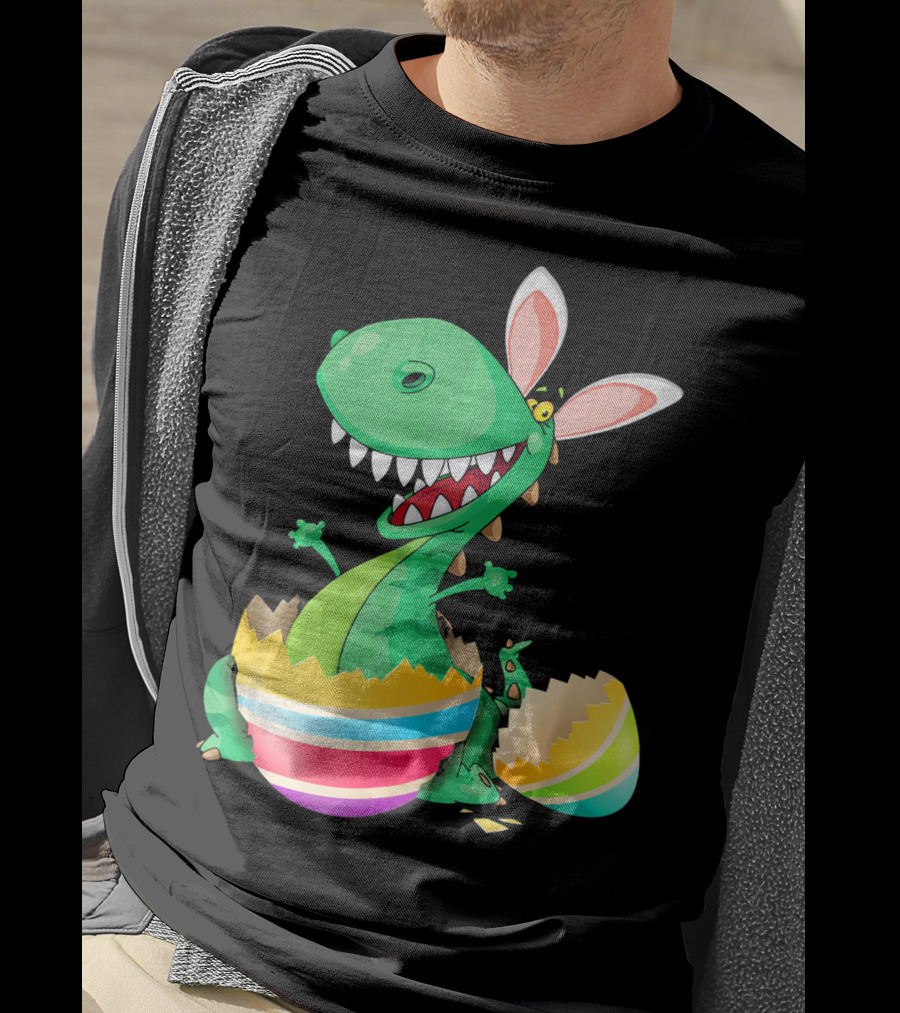 Easter Dinosaur Bunny Emerging From Striped Egg T-Shirt