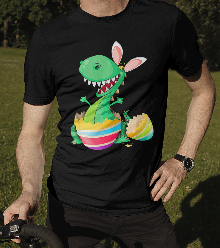 Easter Dinosaur Bunny Emerging From Striped Egg T-Shirt