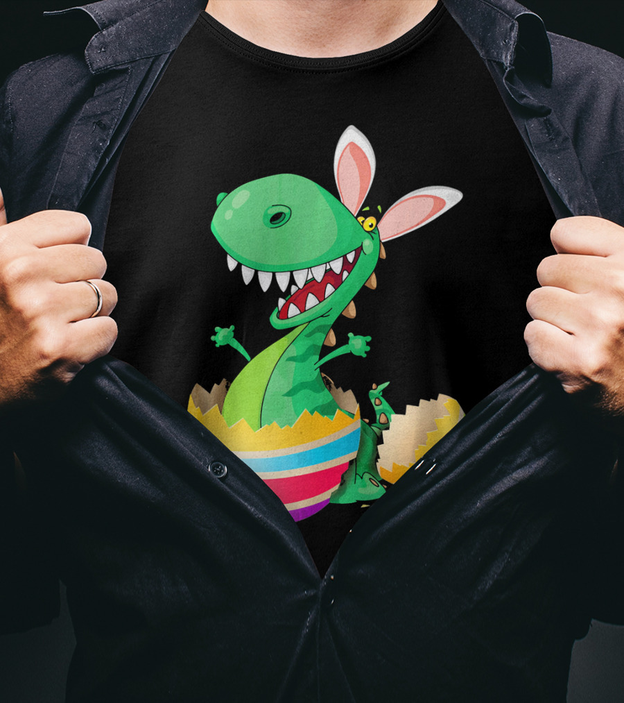 Easter Dinosaur Bunny Emerging From Striped Egg T-Shirt