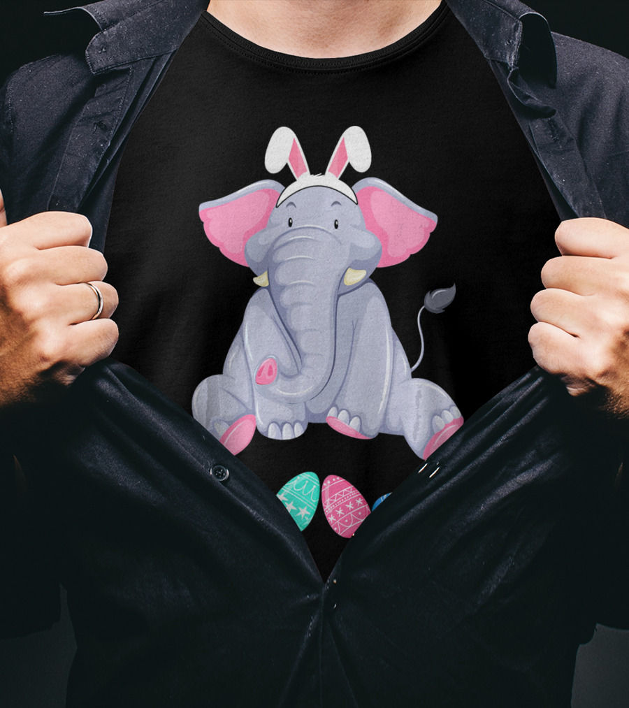 Funny Easter Elephant With Bunny Ears And Colorful Patterned Eggs T-Shirt