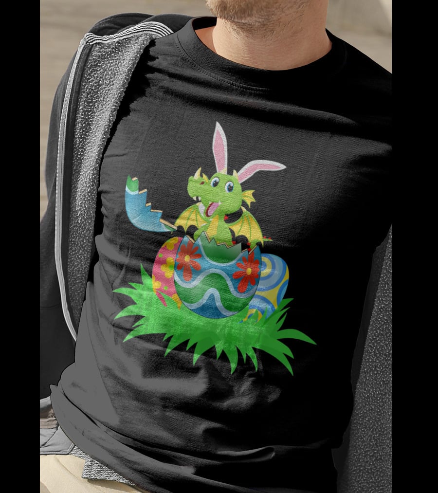 Easter Dragon Egg Hunt With Bunny Ears And Colorful Eggs In Grass T-Shirt