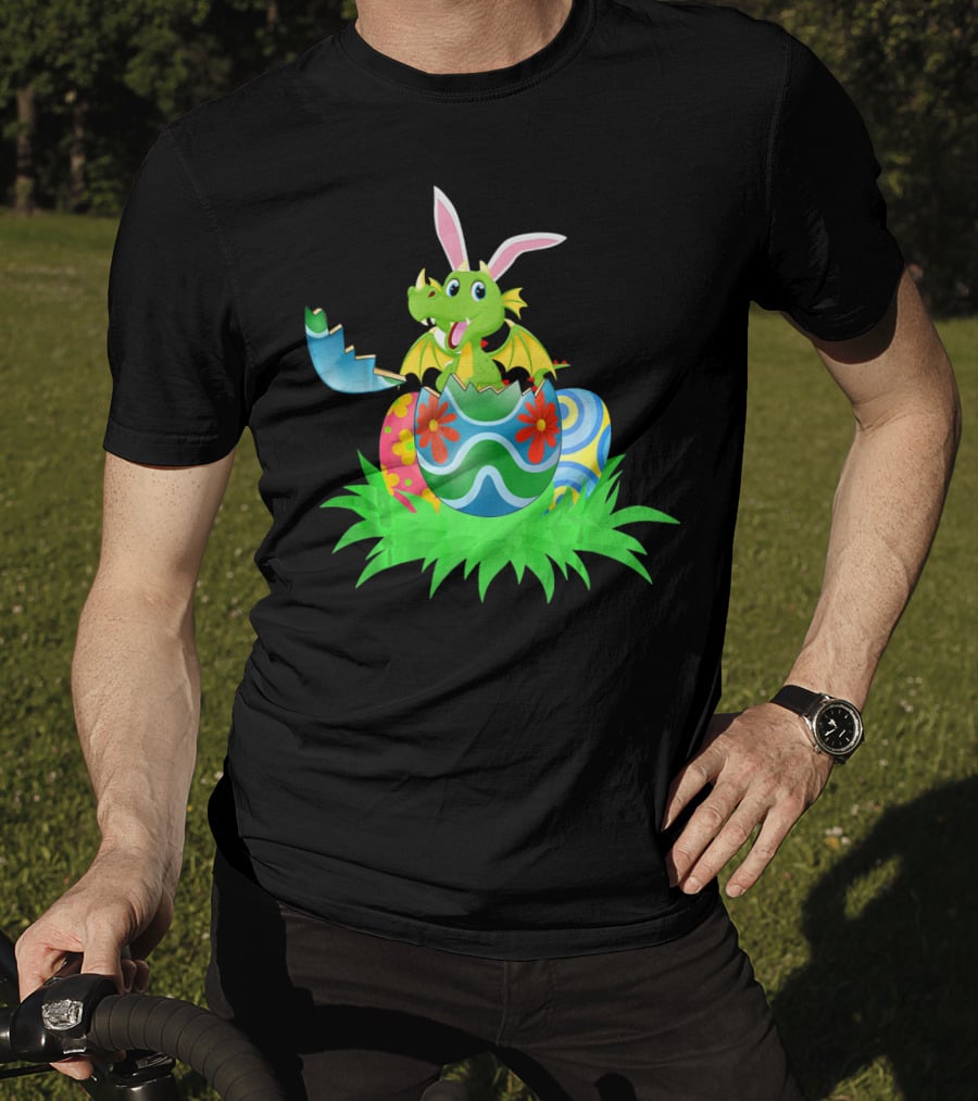 Easter Dragon Egg Hunt With Bunny Ears And Colorful Eggs In Grass T-Shirt