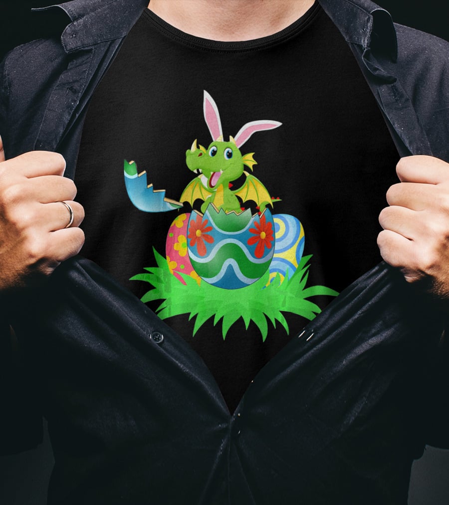 Easter Dragon Egg Hunt With Bunny Ears And Colorful Eggs In Grass T-Shirt