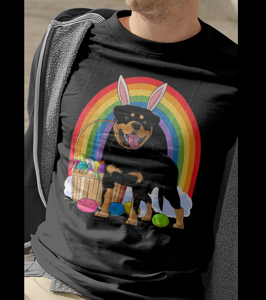 Rottweiler Bunny With Easter Eggs And Rainbow T-Shirt