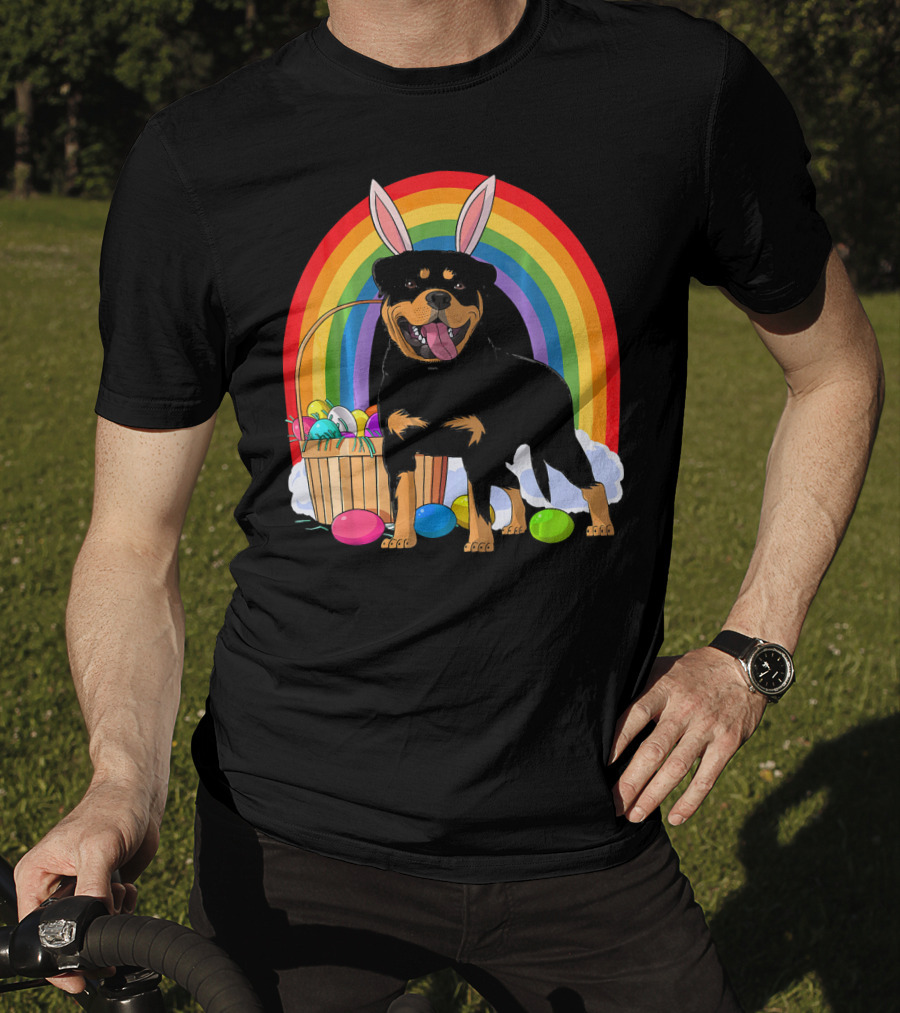 Rottweiler Bunny With Easter Eggs And Rainbow T-Shirt