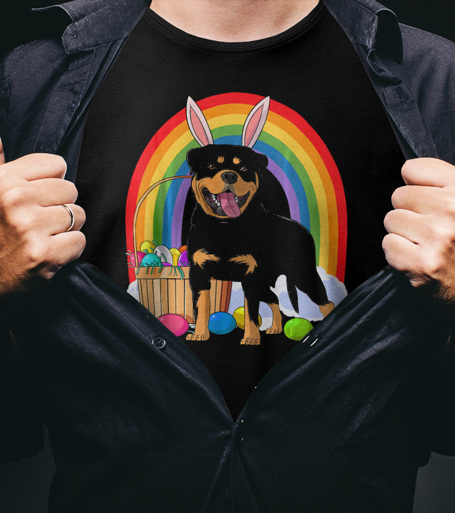 Rottweiler Bunny With Easter Eggs And Rainbow T-Shirt