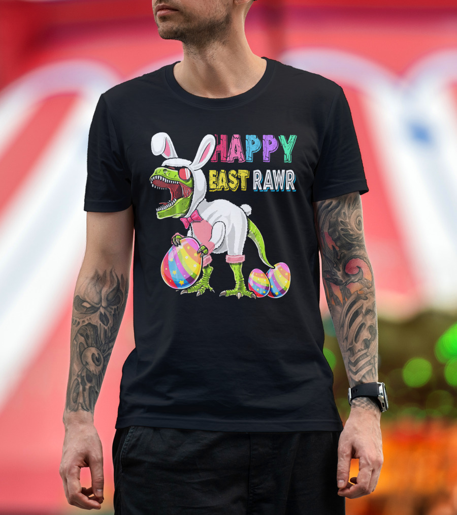 Happy Eastrawr Rex Dinosaur Easter Bunny Costume With Colorful Eggs T-Shirt