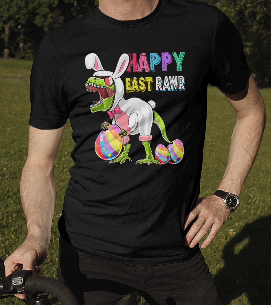 Happy Eastrawr Rex Dinosaur Easter Bunny Costume With Colorful Eggs T-Shirt