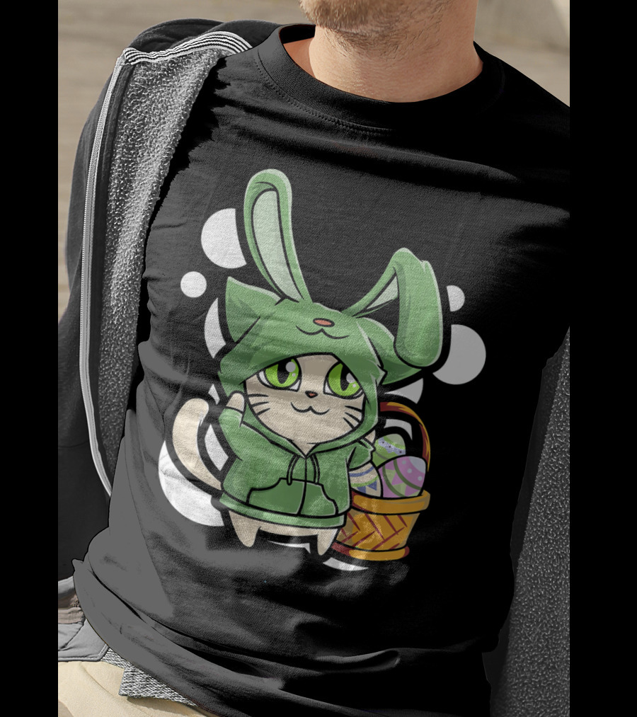 Cat Easter Bunny Hoodie Kawaii With Basket Of Eggs T-Shirt