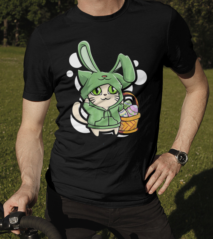 Cat Easter Bunny Hoodie Kawaii With Basket Of Eggs T-Shirt