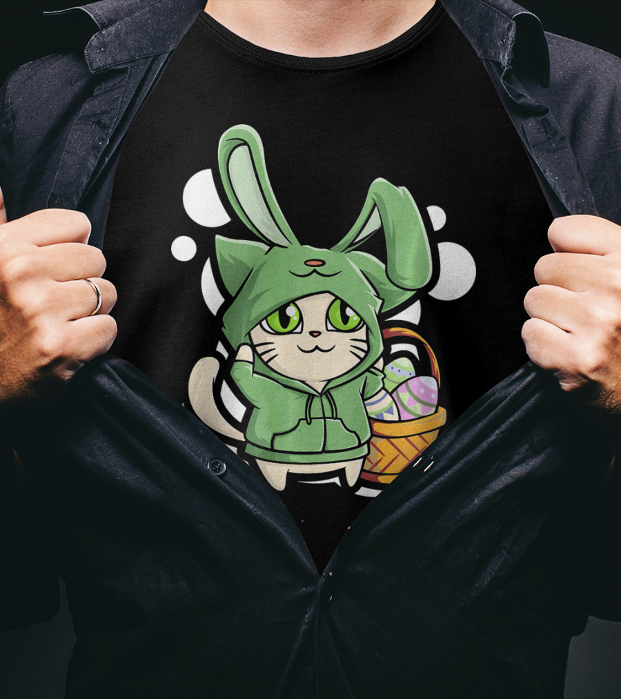 Cat Easter Bunny Hoodie Kawaii With Basket Of Eggs T-Shirt