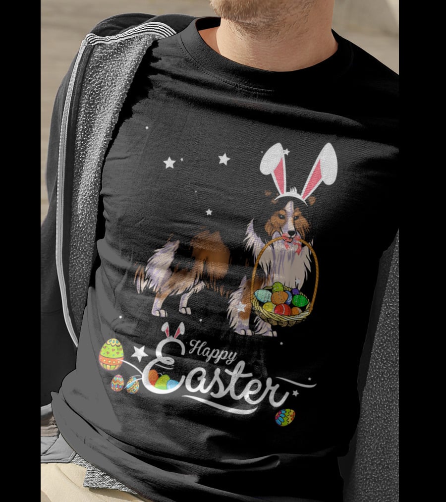 Shetland Sheepdog With Bunny Hat And Easter Eggs Happy Easter T-Shirt