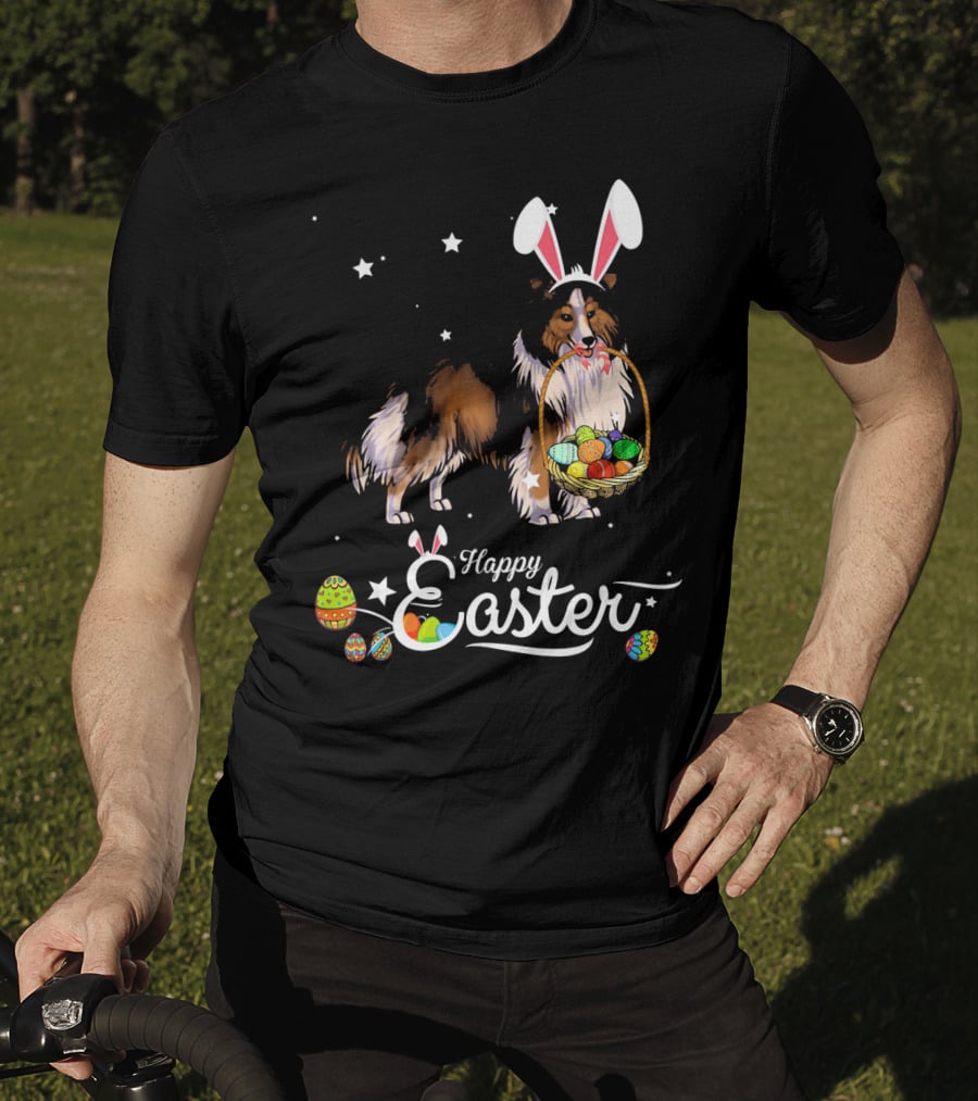 Shetland Sheepdog With Bunny Hat And Easter Eggs Happy Easter T-Shirt