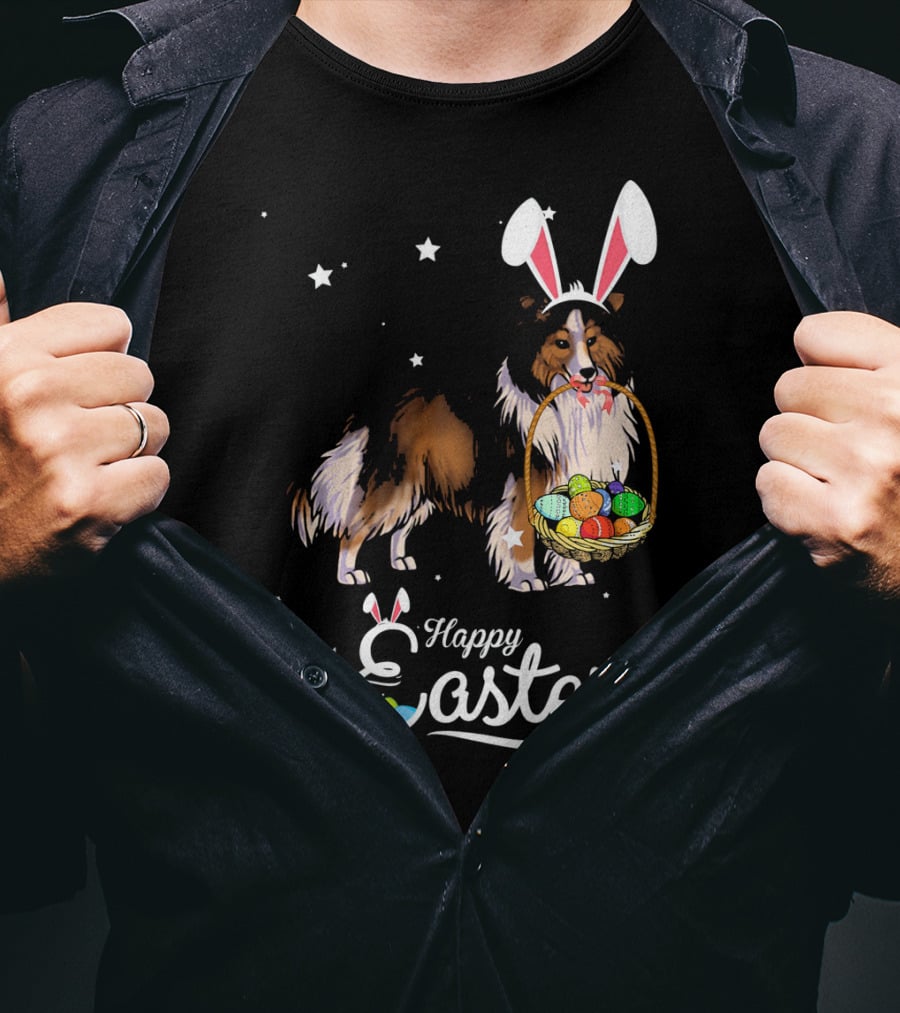 Shetland Sheepdog With Bunny Hat And Easter Eggs Happy Easter T-Shirt