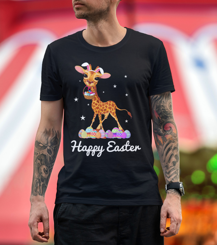 Happy Easter Giraffe with Bunny Ears and Colorful Eggs T-Shirt
