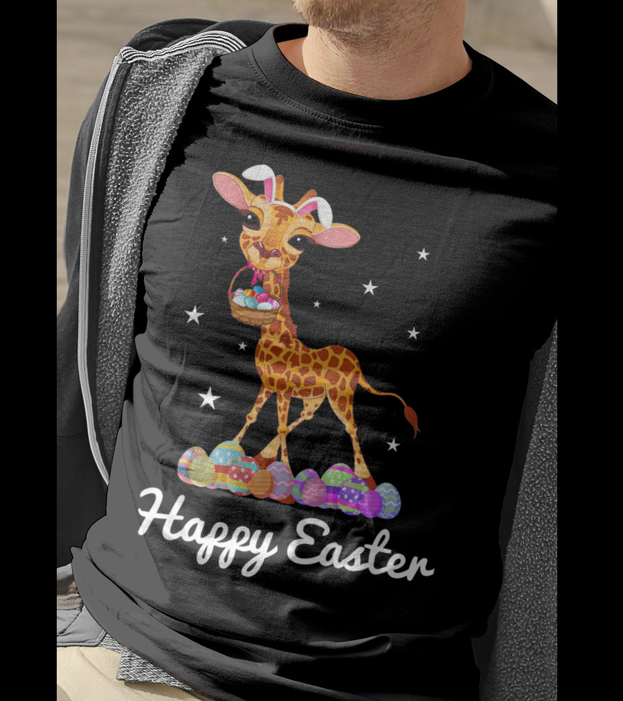 Happy Easter Giraffe With Bunny Ears And Colorful Eggs T-Shirt