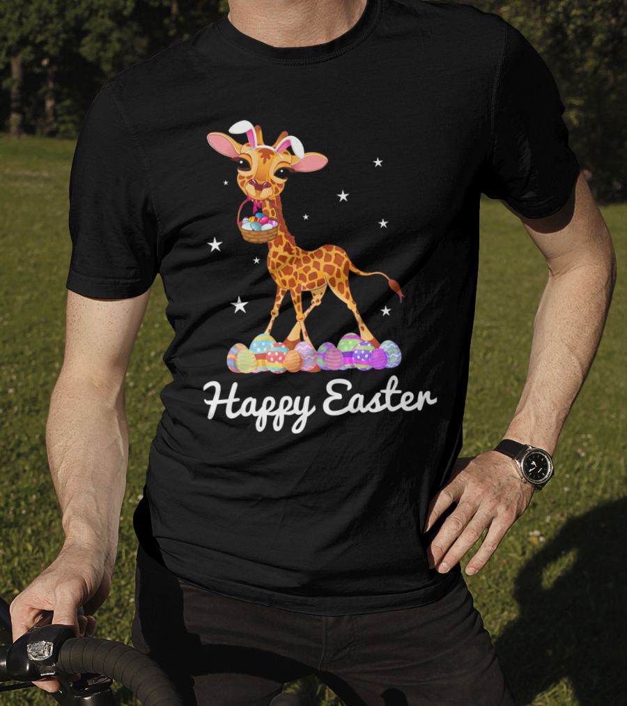 Happy Easter Giraffe With Bunny Ears And Colorful Eggs T-Shirt