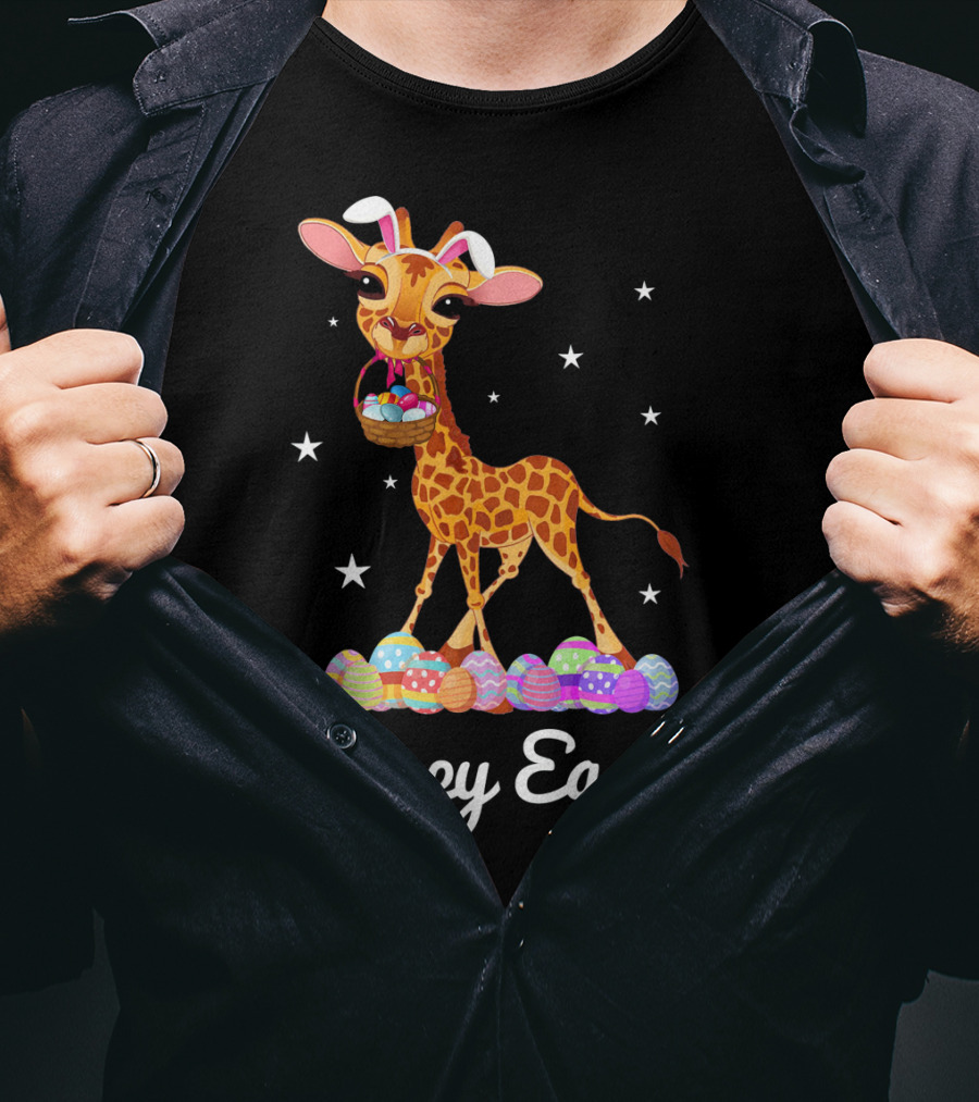 Happy Easter Giraffe With Bunny Ears And Colorful Eggs T-Shirt