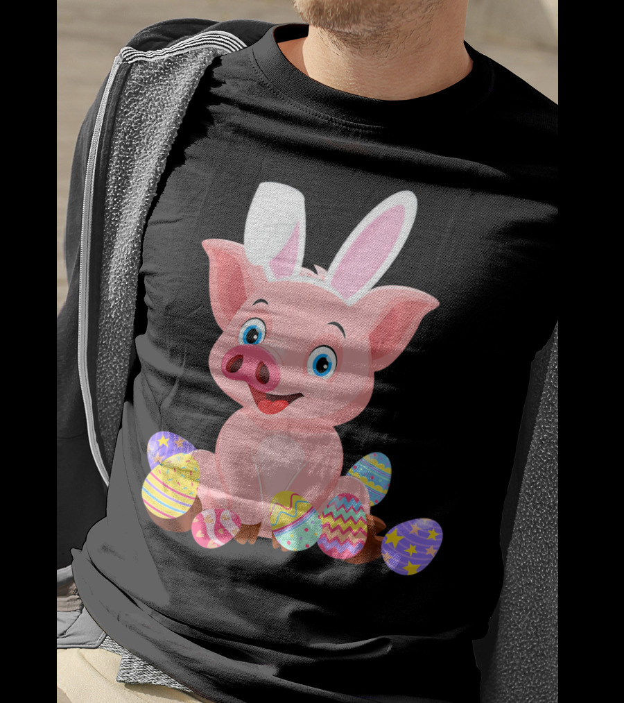 Pig Wearing Bunny Ears Surrounded By Colorful Easter Eggs T-Shirt